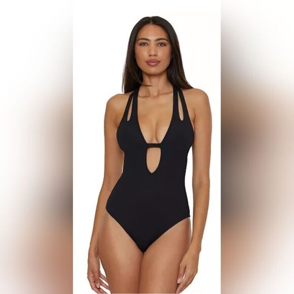 BECCA Other - Becca Modern Edge Textured Plunging-Neck Swimsuit NWOT Size Small Black